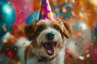 Happy mixed breed dog wearing party hat surrounded by falling confetti against colorful bokeh background, expressing joy with open mouth and festive celebration mood.