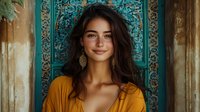 Young Hispanic woman with long dark hair wearing yellow dress and boho earrings smiling against ornate turquoise door, natural beauty portrait in warm tones.