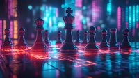 Chess pieces on glowing neon grid with vibrant pink and blue cyberpunk city background, dramatic lighting creates futuristic atmosphere with reflective surface.