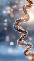 Glowing spiral DNA molecule with golden particles and bokeh lights on blue background, scientific concept for genetics and biotechnology research.