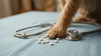 Dog paw resting on medical table with stethoscope and scattered pills, veterinary care and pet health concept for animal clinics.