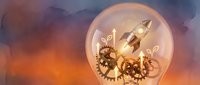 Steampunk rocket ship with brass gears inside transparent sphere against dramatic sunset sky background for creative projects and fantasy designs.
