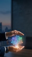 Businessman hands protecting glowing digital tree with circuit patterns and gear icons representing technology growth and innovation in modern office.