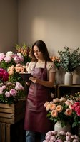 Young female florist in burgundy apron using tablet while working with fresh flowers in modern flower shop. Small business owner managing orders.