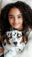 Young mixed-race girl with curly hair cuddling Australian Shepherd puppy in cozy sweater. Heartwarming portrait of child and pet bonding moment for family lifestyle.