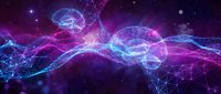 Digital brain networks with glowing neural connections in purple and blue colors against cosmic space background for technology and AI concepts.