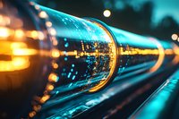 Futuristic fiber optic cable glowing with blue and orange light streams, representing digital data transfer and high-speed internet connectivity in modern networks.
