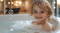 Young child enjoying bath time with soap bubbles floating in air, warm lighting creates cozy atmosphere. Natural candid expression shows pure joy and playfulness.