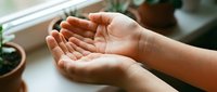 Open cupped hands in prayer or receiving gesture with soft natural lighting and houseplants in background for wellness and spirituality concepts.