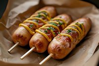 Corn dogs with mustard and herbs on wooden sticks served on brown kraft paper, close up view of street food snacks with crispy golden coating.