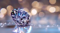 Brilliant cut diamond with purple and blue reflections on reflective surface against soft bokeh background, luxury jewelry concept for design and advertising.