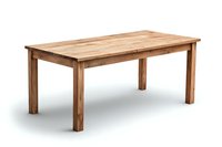 Rustic wooden dining table with natural grain pattern on white background, rectangular shape with sturdy legs, made from solid pine wood. Suitable for interior design.