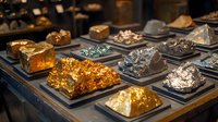 Precious metal nuggets and crystals displayed in museum showcase. Golden and silver mineral specimens arranged on dark platforms with dramatic lighting.