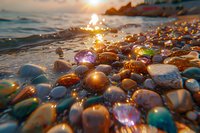 Colorful wet pebbles and stones on beach shore at golden sunset, with sunlight reflections on water surface creating magical bokeh effect and warm atmosphere.