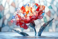 Stained glass style carnation flower in red, orange and blue tones with geometric pattern petals and metallic stems on reflective surface against bokeh background.