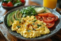 Fluffy scrambled eggs garnished with herbs served alongside fresh sliced avocado, ripe tomatoes, and microgreens on rustic plate for healthy breakfast.