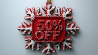Red snowflake ornament with 50% off sale tag for holiday shopping discount promotion and Christmas marketing campaigns.