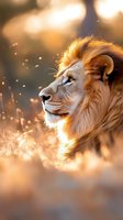 Majestic male lion profile against golden sunset light, glowing mane illuminated with bokeh effects and sparkling particles creating magical atmosphere.