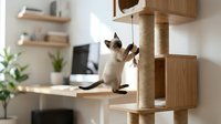 A young tabby and white cat climbing on a wooden cat tree with multiple levels and scratching posts in a bright modern home interior.