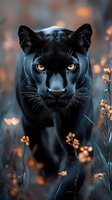 Majestic black panther with piercing golden eyes emerging from wildflowers at dusk, powerful predator in natural habitat with dramatic lighting and bokeh background.