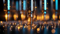 Glowing blue and golden bokeh lights create magical atmosphere with metallic industrial pipe in center, reflective surface adds depth and sparkle.