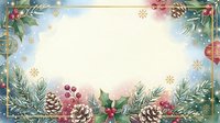 Festive holiday frame with evergreen branches, pinecones, red berries, ornaments and snowflakes on cream background. Perfect for seasonal greeting cards, invitations and holiday designs.