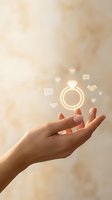 Hand holding glowing engagement ring with floating love icons representing marriage proposal, wedding planning, and romantic relationship concepts.