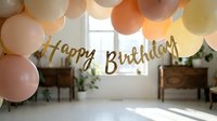 Elegant Happy Birthday banner in gold script surrounded by pastel peach and cream balloons in a bright, airy room for party decor.