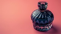 Vintage crystal glass bottle with geometric faceted pattern on pink background, dramatic lighting creates mysterious mood and elegant shadows.