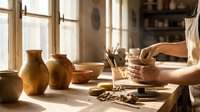 Potter's hands shaping clay on wheel in sunlit ceramic studio workspace with handmade pottery vessels and artisan tools for creative crafts and traditional art.