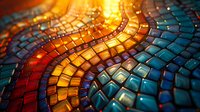 Colorful mosaic tiles in flowing wave pattern with warm orange and cool blue tones creating dynamic abstract background for interior design projects.