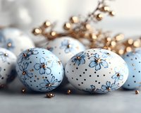 Decorative Easter eggs in soft blue with delicate floral pattern and gold accents, arranged with dried cotton branches on neutral background. Elegant holiday composition.