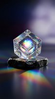 Luminous crystal cube with glowing core resting on dark stone, casting rainbow light prisms. Ideal for spiritual, technology, and abstract design projects.