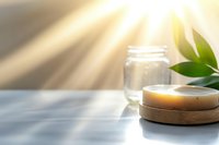 Spa wellness scene with natural soap bar on wooden holder, glass water and green leaves in warm sunlight for relaxation and self-care rituals.