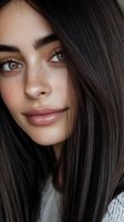 Young woman with natural makeup and freckles looking at camera with green eyes and long brown hair for beauty skincare and cosmetics advertising.