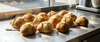 Freshly baked round bread rolls with golden-brown crust arranged on parchment paper in a professional bakery kitchen with stainless steel equipment.