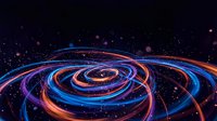 Abstract swirling light trails in vibrant blue and orange colors creating dynamic spiral patterns against dark cosmic background with glowing particles.