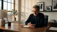 Mature man with gray hair and glasses, wearing black shirt, working at wooden desk in bright modern office with natural window light and plants.