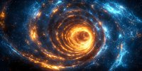 Spiral galaxy with glowing orange and blue cosmic swirls against dark space background, creating dramatic celestial vortex effect. Suitable for astronomy themes.