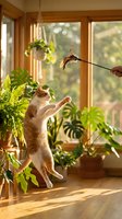 Orange and white cat playing with feather toy near sunny window surrounded by potted plants and hanging greenery indoors.