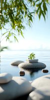 Serene zen stones with green plant in calm water, bamboo leaves overhead creating natural shadows. Peaceful spa and wellness composition for meditation practice.