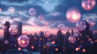 Magical glowing soap bubbles floating against urban sunset skyline creating dreamy bokeh effect, soft pink and purple atmospheric background for design projects.