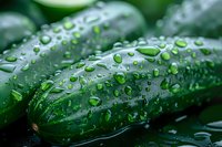 Fresh green cucumber with water drops and dew on dark surface. Natural organic vegetables macro photography for healthy eating concept.