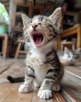 Adorable tabby kitten yawning widely while sitting on wooden floor, showing playful expression perfect for pet care websites, veterinary clinics, or social media content.