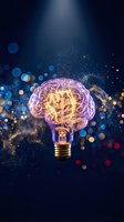 Glowing brain lightbulb with electric neural networks on dark blue background with bokeh lights representing creativity, innovation and bright ideas.