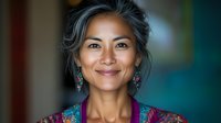 Confident mature Asian woman with gray hair smiling warmly at camera, wearing colorful ethnic style earrings and traditional patterned clothing against blurred teal background.