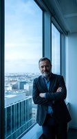 Confident mature Caucasian businessman with beard standing arms crossed by office windows overlooking city skyline for corporate leadership concepts.