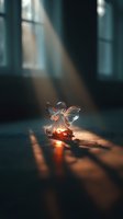 Glass angel figurine glowing with warm light on wooden floor in sunbeam streaming through window creating peaceful spiritual atmosphere for meditation concepts.
