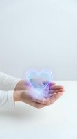Hand holding glowing holographic heart symbol with neon light effects for healthcare, love and wellness concepts on white background.