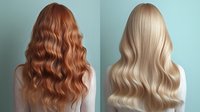 Hair transformation before and after showing copper red to platinum blonde color change with long wavy styling on light blue background.